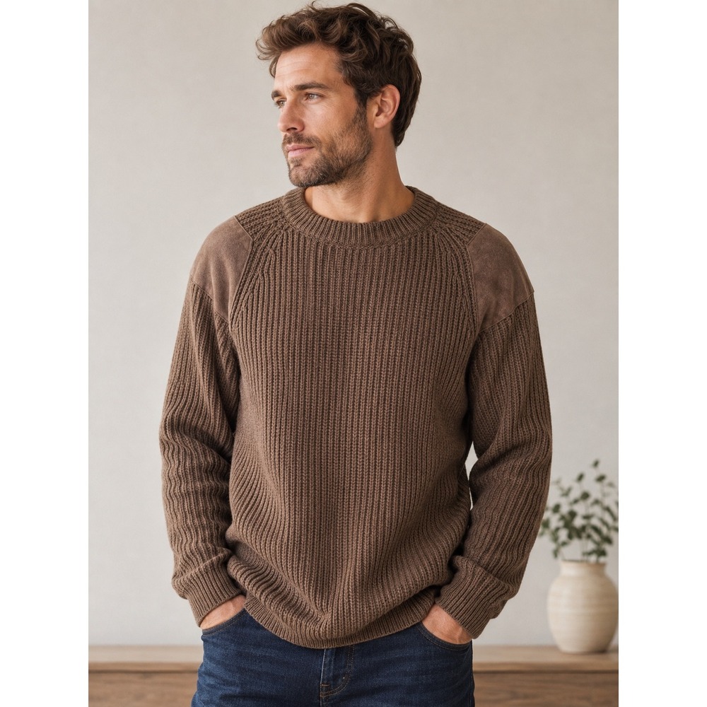 McKennas Sweater Pure New Wool Pullover Brown Suede Elbow Patches Mens Large